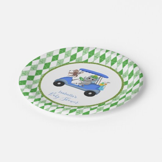 Baby Boy Elephant & Monkey Golf Shower Papieren Bordje (Gekanteld)