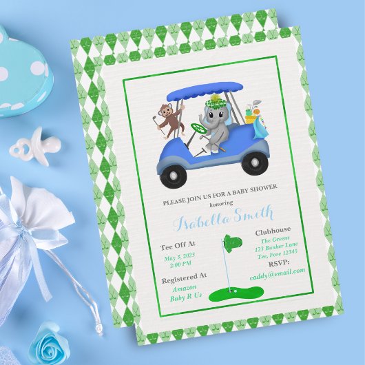 Baby Boy Elephant & Monkey Shower Kaart