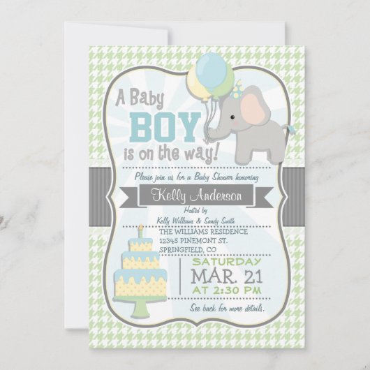 Baby Boy Elephant, Pastel Baby shower Uitnodigen Kaart (Voorkant)