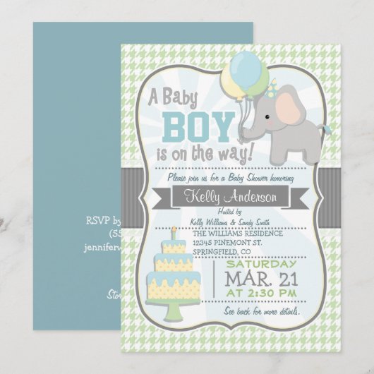 Baby Boy Elephant, Pastel Baby shower Uitnodigen Kaart (Voorkant / Achterkant)