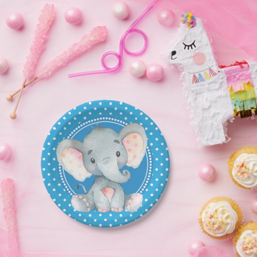 Baby Boy Elephant Polka Dot Shower Papieren Bordje (Feest)