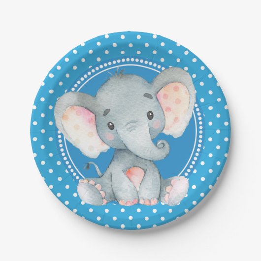 Baby Boy Elephant Polka Dot Shower Papieren Bordje (Voorkant)