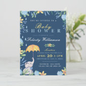 Baby Boy Elephant Umbrella Baby shower Invitation Kaart (Staand voorkant)