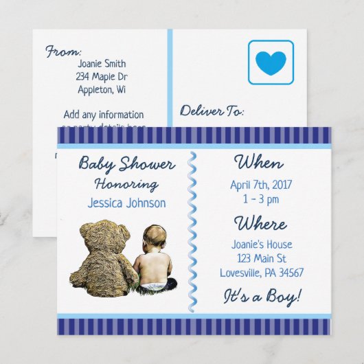 Baby Boy en Teddy Bear Baby shower Uitnodiging (Voorkant / Achterkant)