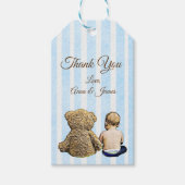 Baby Boy en Teddy Bear Blue Gestreept Dank je Labe Cadeaulabel (Voorkant)