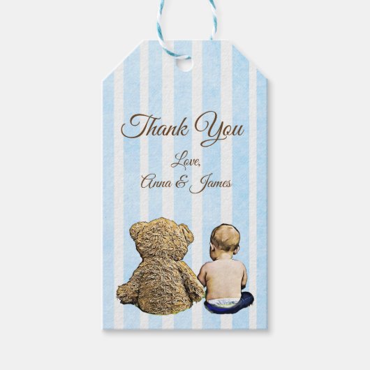 Baby Boy en Teddy Bear Blue Gestreept Dank je Labe Cadeaulabel (Voorkant)