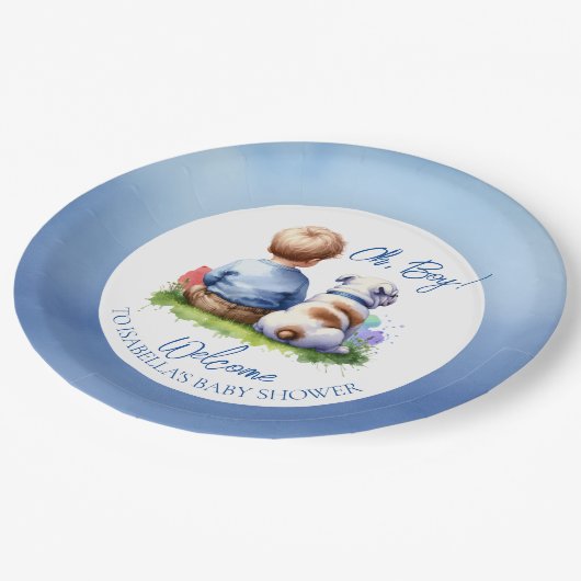 Baby Boy en zijn Bulldog Baby shower Papieren Bordje (Gekanteld)