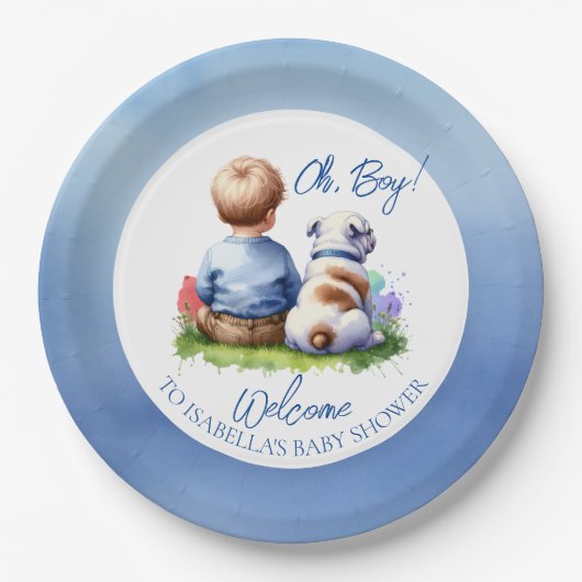 Baby Boy en zijn Bulldog Baby shower Papieren Bordje (Voorkant)