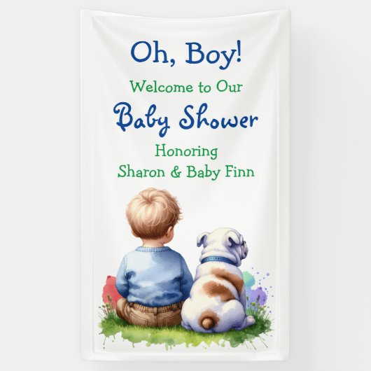 Baby Boy en zijn Bulldog Baby shower Spandoek (Verticaal)