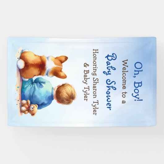 Baby Boy en zijn Corgi Puppy Baby shower Spandoek (Horizontaal)