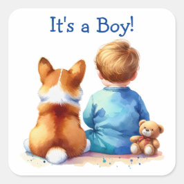 Baby Boy en zijn Corgi Puppy Baby shower Vierkante Sticker