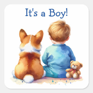 Baby Boy en zijn Corgi Puppy Baby shower Vierkante Sticker