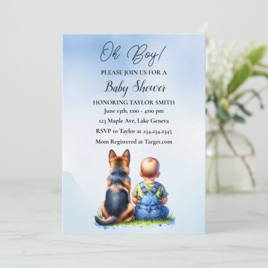 Baby Boy En Zijn Duitse Herder Puppy Baby shower Kaart (Staand voorkant)
