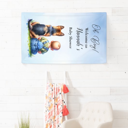 Baby Boy En Zijn Duitse Herder Puppy Baby shower Spandoek (Insitu)