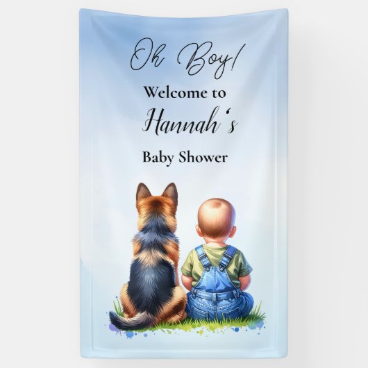 Baby Boy En Zijn Duitse Herder Puppy Baby shower Spandoek (Verticaal)
