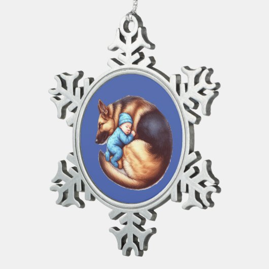 Baby Boy en zijn Duitse Herder Tin Sneeuwvlok Ornament (Rechts)