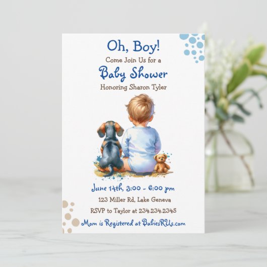 Baby Boy en zijn Teckel Puppy Baby shower Kaart (Staand voorkant)