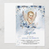 Baby boy engel en stoffige blauwe bloemenkrans kaart (Voorkant / Achterkant)