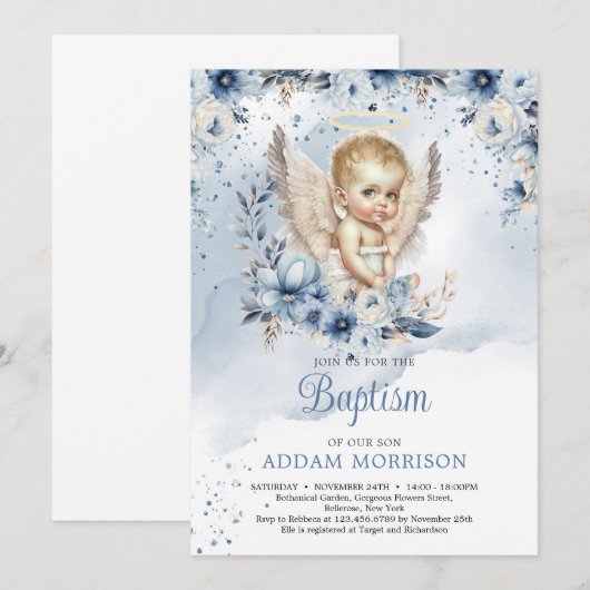 Baby boy engel en stoffige blauwe bloemenkrans kaart (Voorkant / Achterkant)