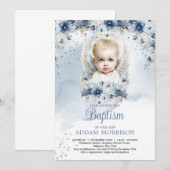 Baby boy engel en stoffige blauwe bloemenkrans kaart (Voorkant / Achterkant)