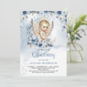 Baby boy engel en stoffige blauwe bloemenkrans kaart (Staand voorkant)