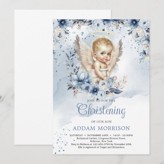 Baby boy engel en stoffige blauwe bloemenkrans kaart (Voorkant / Achterkant)