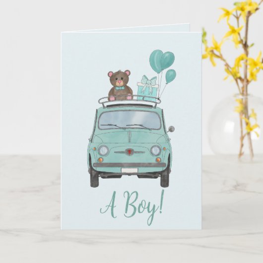 Baby Boy Fiat 500 Gefeliciteerd Kaart (Gele Bloem)