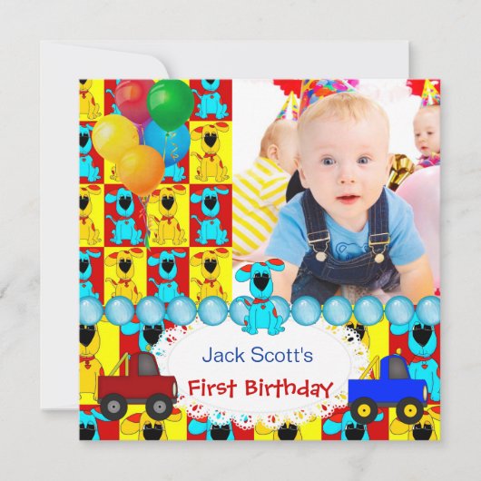 Baby Boy First Birthday 1st Colorful Puppy dogs Kaart (Voorkant)