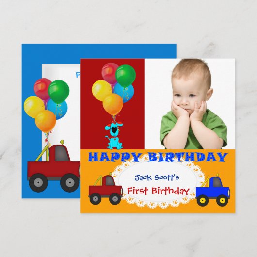 Baby Boy First Birthday 1st Colorful Puppy Trucks Kaart (Voorkant / Achterkant)