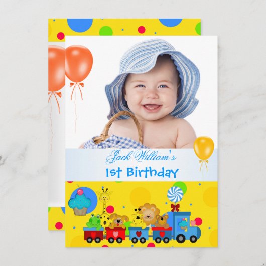 Baby Boy First Birthday 1st Train Blue Yellow Kaart (Voorkant / Achterkant)