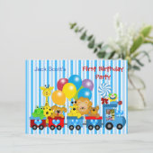 Baby Boy First Birthday 1st Train Foto Animals Kaart (Staand voorkant)