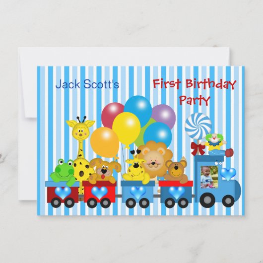 Baby Boy First Birthday 1st Train Foto Animals Kaart (Voorkant)