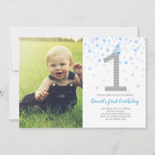 Baby Boy First Birthday Blue Confetti Foto Kaart (Voorkant)