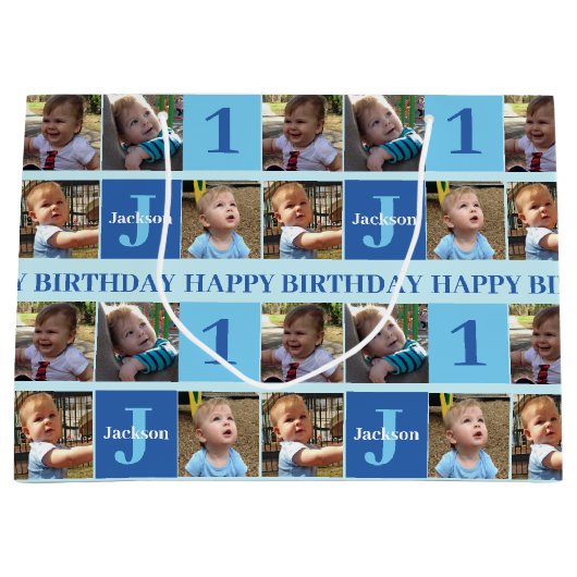 Baby Boy First Birthday Cute Blue Photo Collage Groot Cadeauzakje (Voorkant)