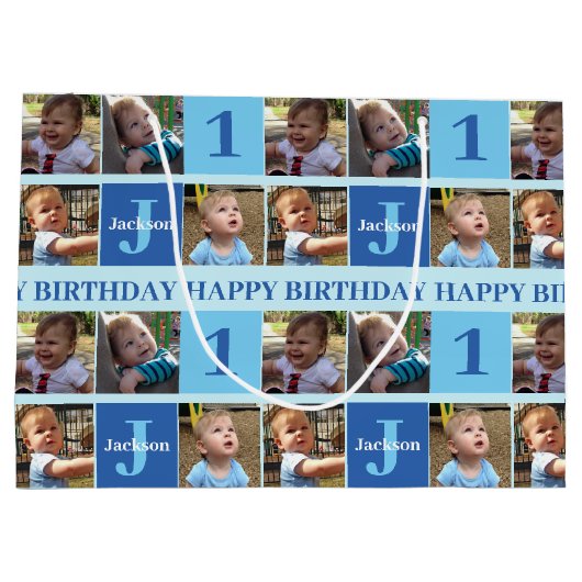 Baby Boy First Birthday Cute Blue Photo Collage Groot Cadeauzakje (Achterkant)