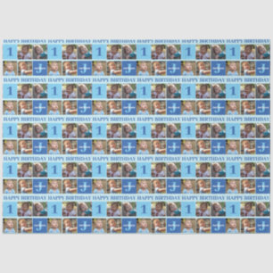 Baby Boy First Birthday Cute Blue Photo Collage Tissuepapier