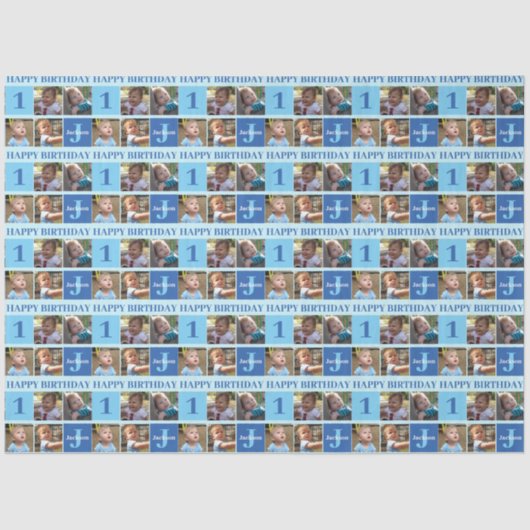 Baby Boy First Birthday Cute Blue Photo Collage Tissuepapier (Voorkant)