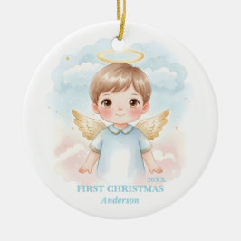 Baby Boy First Christmas Blue Angel Photo Keramisch Ornament