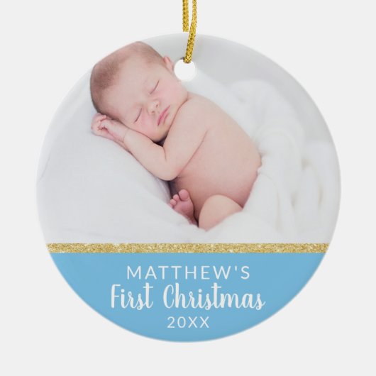 Baby Boy FIRST Christmas Blue | Bericht + AFBEELDI Keramisch Ornament (Voorkant)