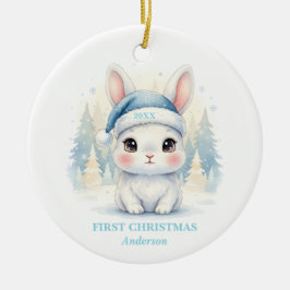 Baby Boy First Christmas Blue Bunny Photo Keramisch Ornament