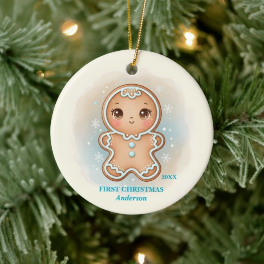 Baby Boy First Christmas Blue Gingerbread Photo Keramisch Ornament (Boom)