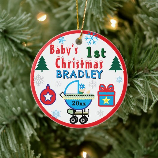 Baby Boy First Christmas Blue Hat NAME Keramisch Ornament (Boom)