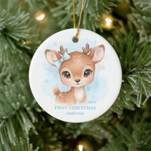 Baby Boy First Christmas Blue Reindeer Photo Keramisch Ornament (Boom)