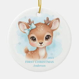Baby Boy First Christmas Blue Reindeer Photo Keramisch Ornament