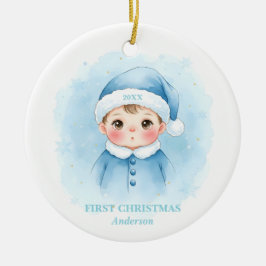 Baby Boy First Christmas Blue Santa Photo Keramisch Ornament