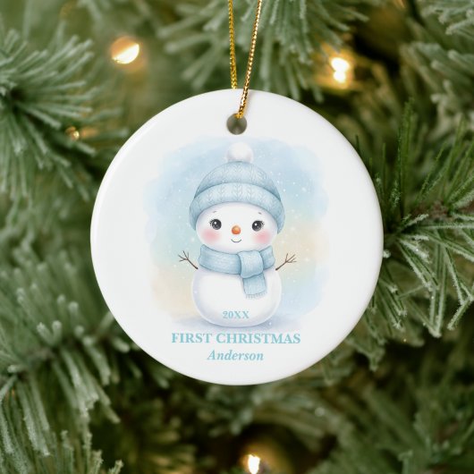 Baby Boy First Christmas Blue Snowman Photo Keramisch Ornament (Boom)
