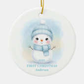Baby Boy First Christmas Blue Snowman Photo Keramisch Ornament (Voorkant)