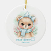 Baby Boy First Christmas Blue Teddy Bear Photo Keramisch Ornament (Voorkant)
