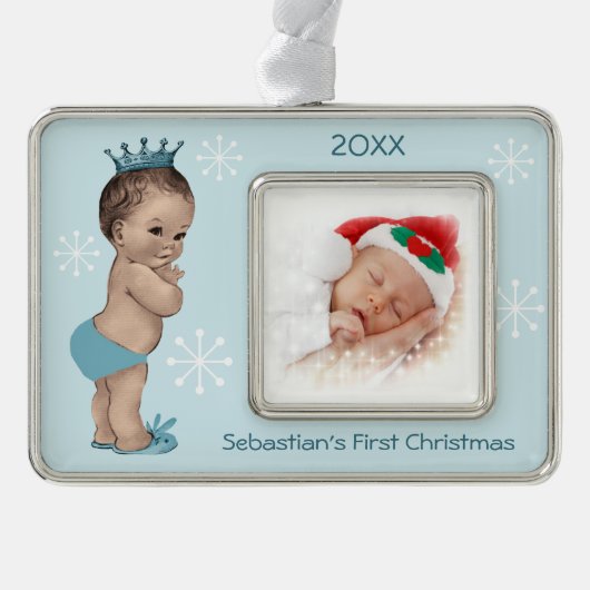 Baby Boy First Kerstblauw Prins Verzilverd Omlijst Ornament (Voorkant)
