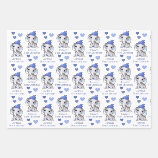Baby Boy First KerstBlue Elephant Personaliseren Inpakpapier Vel (Voorkant)